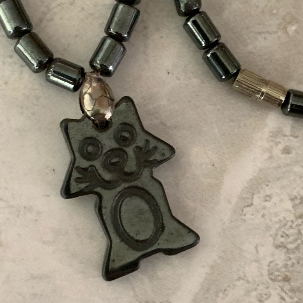 Vintage Black Cat Pendant Hematite Necklace